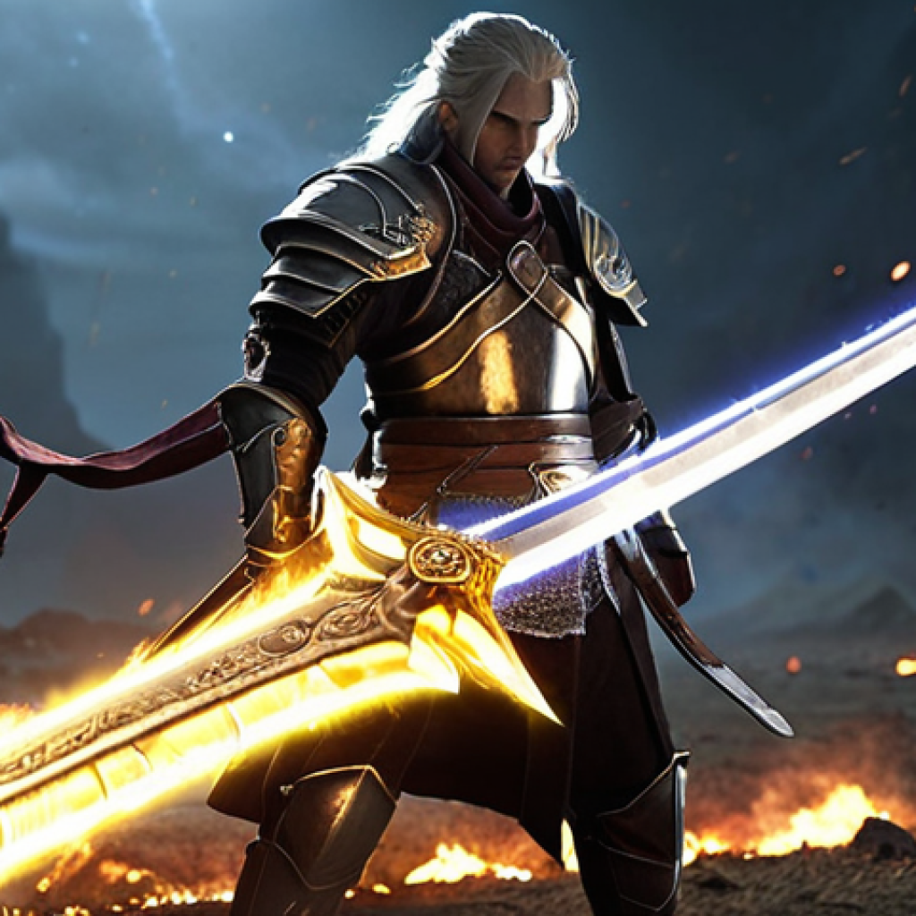 **Prompt for Powerful Weapon Effect**: "A rare sword glowing with mystical energy, displaying its impressive damage capability. The character wielding it stands confidently on a battlefield, showcasing the sword's unique design and the aura of strength surrounding them."