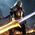 **Prompt for Powerful Weapon Effect**: "A rare sword glowing with mystical energy, displaying its impressive damage capability. The character wielding it stands confidently on a battlefield, showcasing the sword's unique design and the aura of strength surrounding them."