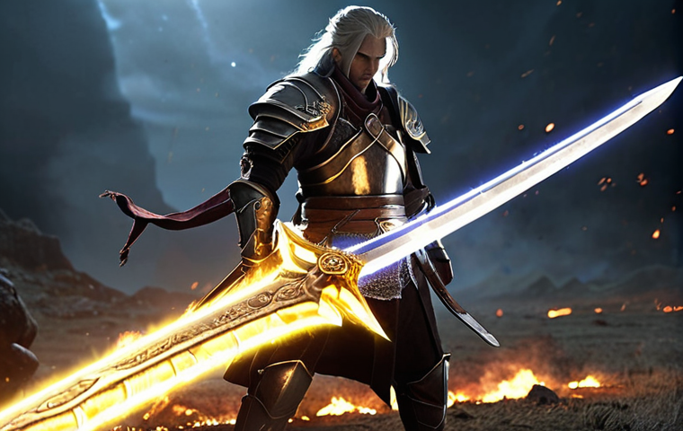 **Prompt for Powerful Weapon Effect**: "A rare sword glowing with mystical energy, displaying its impressive damage capability. The character wielding it stands confidently on a battlefield, showcasing the sword's unique design and the aura of strength surrounding them."