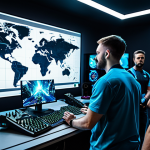A diverse group of professional gamers, representing a tight-knit clan, engaged in strategic planning. They are gathered around a large, luminous holographic tactical map displaying game territories. Each member is fully clothed in professional, modern gaming apparel, featuring modest designs and practical accessories. Their expressions are focused and determined, reflecting teamwork and shared goals. The setting is a futuristic, well-lit control room with sleek equipment. Perfect anatomy, correct proportions, natural poses, well-formed hands, proper finger count, natural body proportions, professional photography, high quality, safe for work, appropriate content, fully clothed, professional.