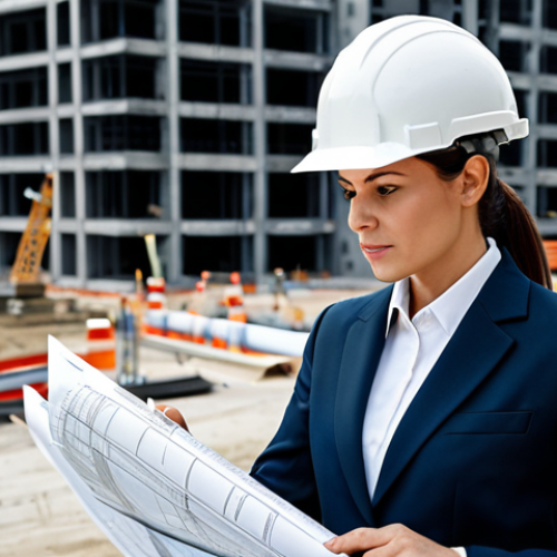 ** A professional female architect in a modest business suit, reviewing blueprints on a construction site. Fully clothed, appropriate attire, safe for work, perfect anatomy, natural proportions, professional photography, high quality. The background includes modern buildings and construction equipment. Family-friendly and appropriate content.

**