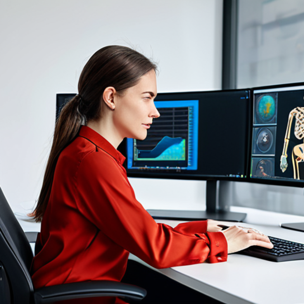 **

A professional female software engineer in a modern office, wearing a modest business casual outfit (long-sleeved blouse, trousers), sitting at her desk working on a computer, fully clothed, appropriate attire, natural pose, safe for work, perfect anatomy, professional.

**