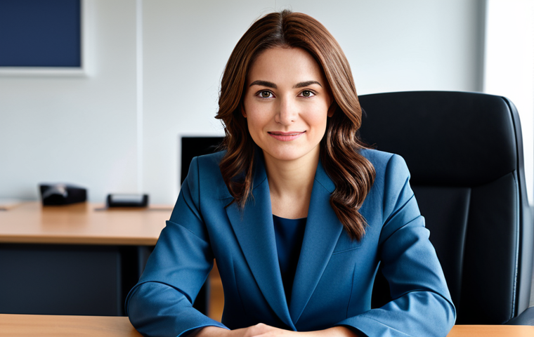 리니지 고급 장비 세팅 - A professional businesswoman in a modest business suit, sitting at a desk in a modern office, fully ...