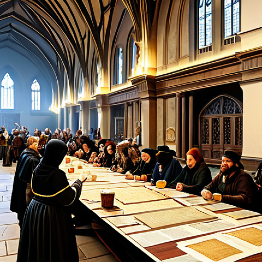 리니지 길드 활동 장려법 - Guild Meeting**

"A bustling scene inside a grand hall, filled with guild members in diverse, modest...