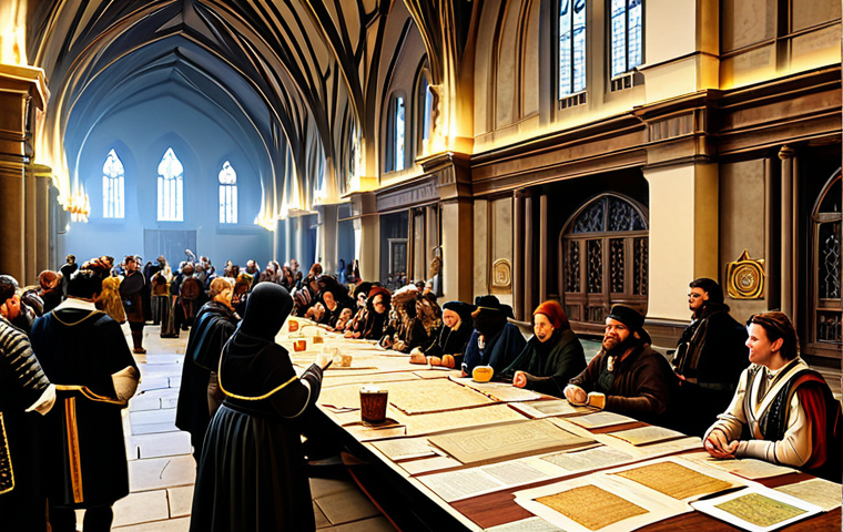 리니지 길드 활동 장려법 - Guild Meeting**

"A bustling scene inside a grand hall, filled with guild members in diverse, modest...