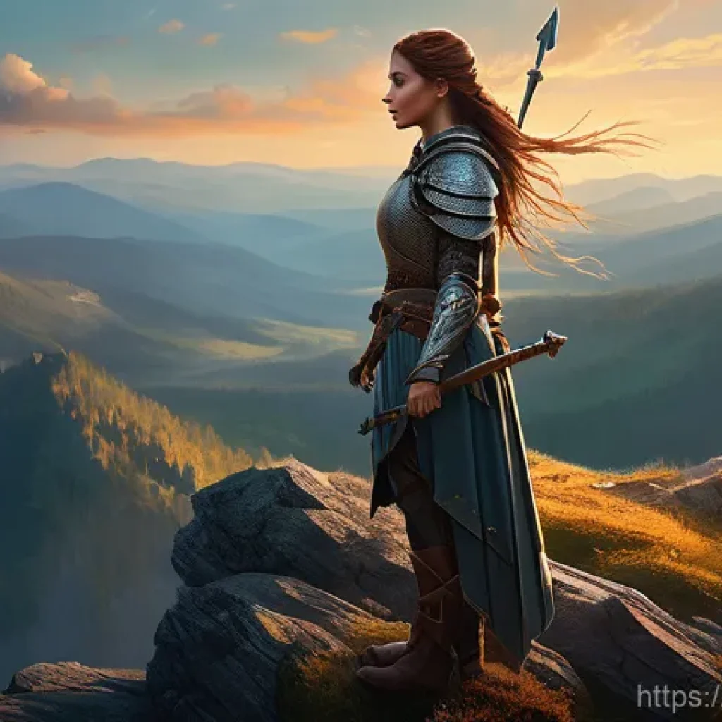 리니지 PvP 전용 서버 소개 - **A determined female warrior, aged around 25-30, stands heroically on a windswept mountain peak at ...
