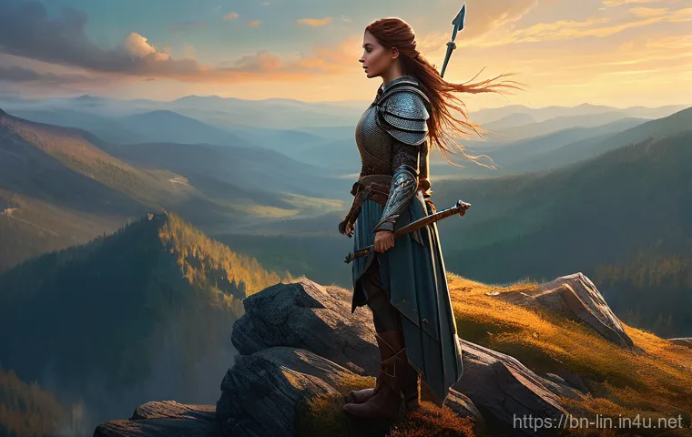 리니지 PvP 전용 서버 소개 - **A determined female warrior, aged around 25-30, stands heroically on a windswept mountain peak at ...