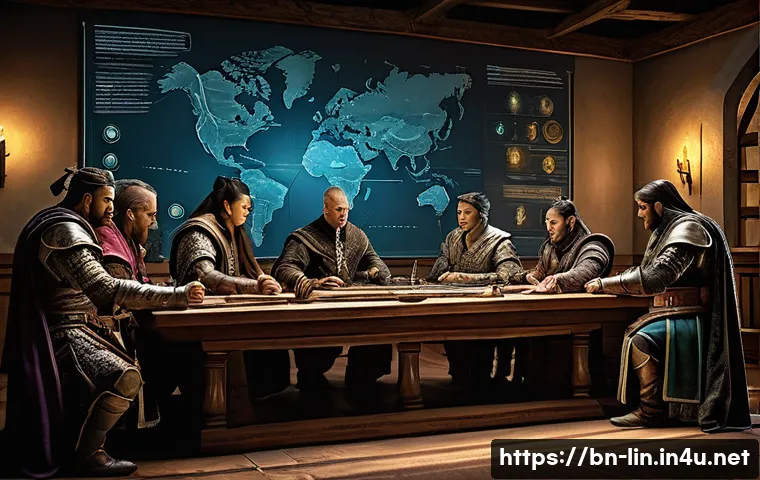 리니지 신규 혈맹 시스템 소개 - **Prompt 1: "The Unified Clan Council"**
    A diverse group of fantasy characters, representing var...