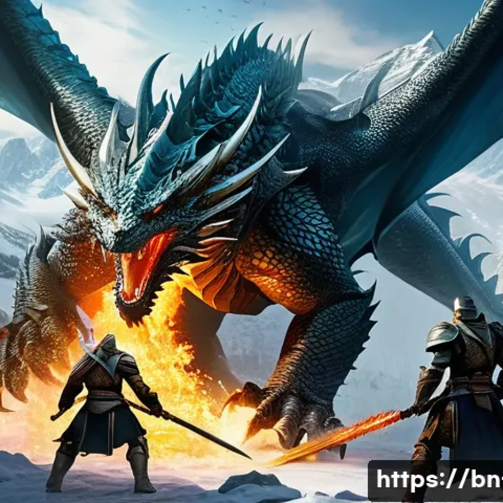 리니지 희귀 보스 공략법 - A fierce battle scene featuring a rare Dragon Lord boss in a fantasy setting, towering with massive ...