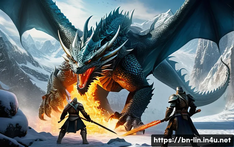 리니지 희귀 보스 공략법 - A fierce battle scene featuring a rare Dragon Lord boss in a fantasy setting, towering with massive ...