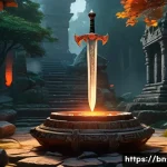 리니지 희귀템의 가치 분석 - A detailed fantasy game scene showcasing a rare "Dragon Blade" sword embedded in a mystical stone pe...