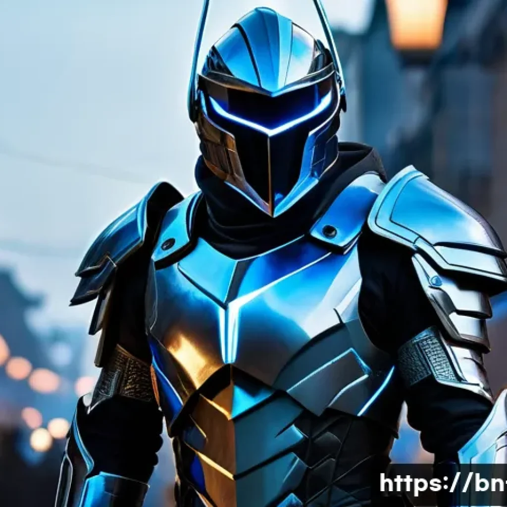 리니지 코스튬 모으는 법 - A dynamic fantasy warrior character in futuristic armor with sleek, angular design and glowing blue ...