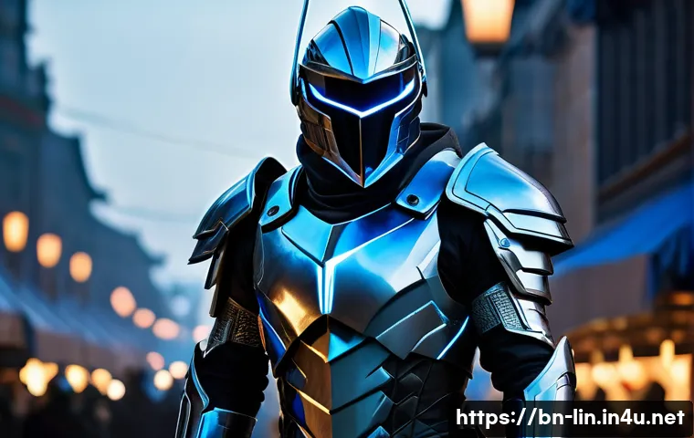 리니지 코스튬 모으는 법 - A dynamic fantasy warrior character in futuristic armor with sleek, angular design and glowing blue ...