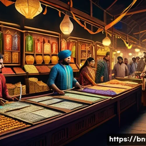 리니지 거래 시스템 이해 - A detailed digital fantasy game marketplace scene inspired by Bengali culture, showing diverse playe...