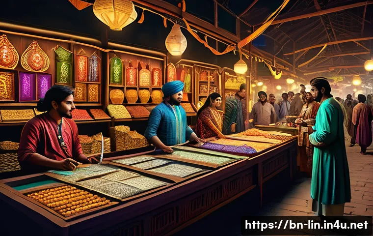 리니지 거래 시스템 이해 - A detailed digital fantasy game marketplace scene inspired by Bengali culture, showing diverse playe...