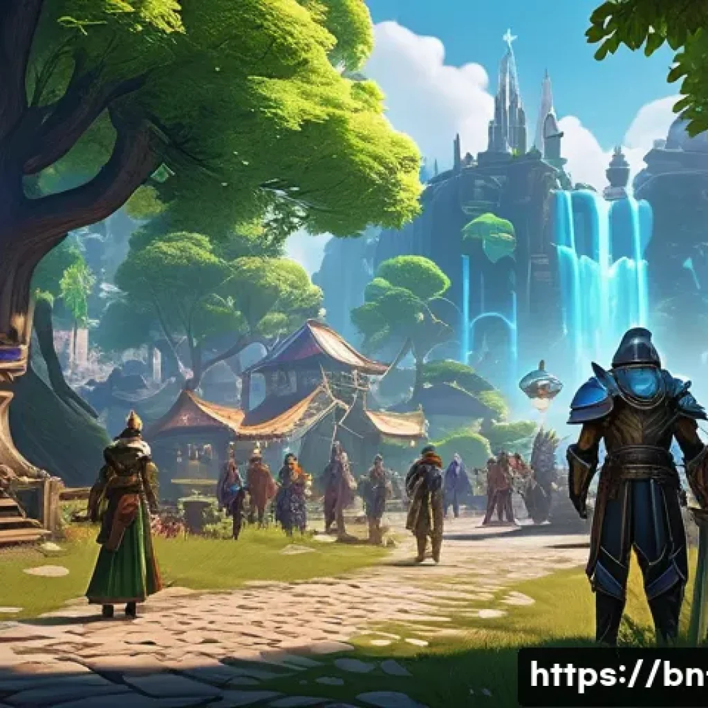 리니지 서버 트렌드와 인기 - A vibrant scene of a bustling new gaming server launch in a fantasy MMORPG world, featuring diverse ...
