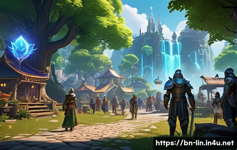 리니지 서버 트렌드와 인기 - A vibrant scene of a bustling new gaming server launch in a fantasy MMORPG world, featuring diverse ...