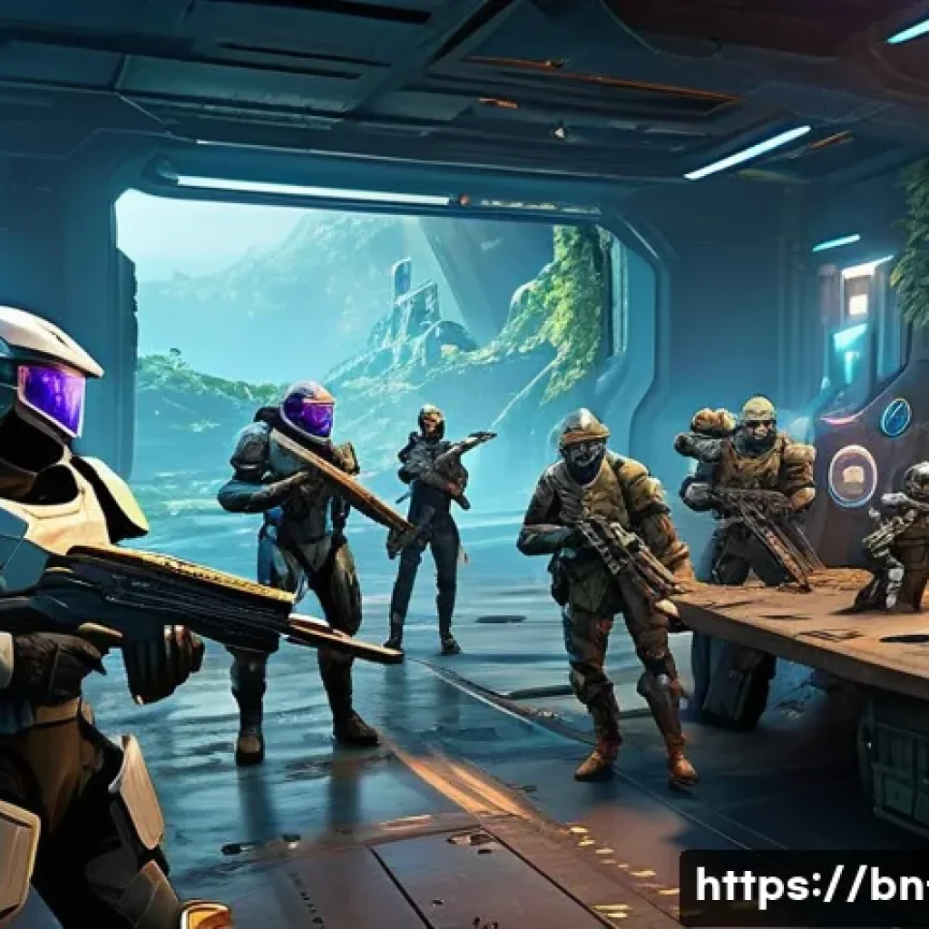 리니지 신규 콘텐츠 분석 - A vibrant and dynamic team warfare scene in a futuristic battlefield, featuring diverse characters w...
