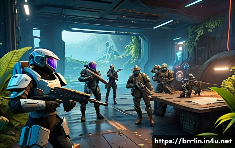 리니지 신규 콘텐츠 분석 - A vibrant and dynamic team warfare scene in a futuristic battlefield, featuring diverse characters w...