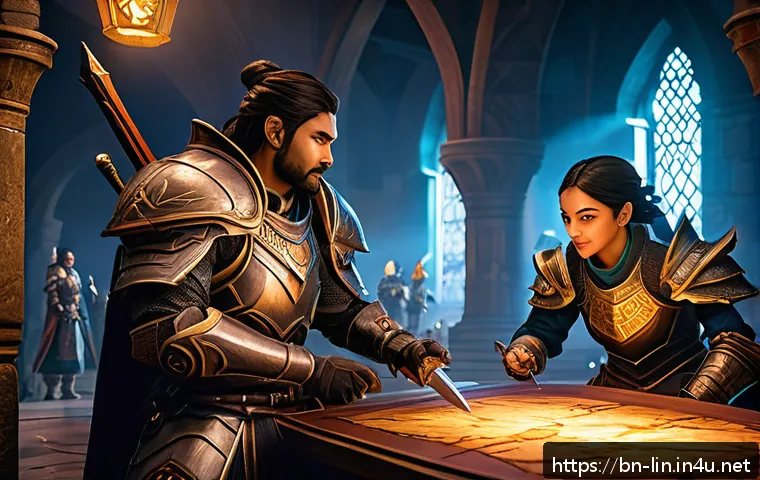 리니지 주간 이벤트 정리 - A dynamic fantasy gaming scene showing a team of diverse gamers in detailed fantasy armor and weapon...