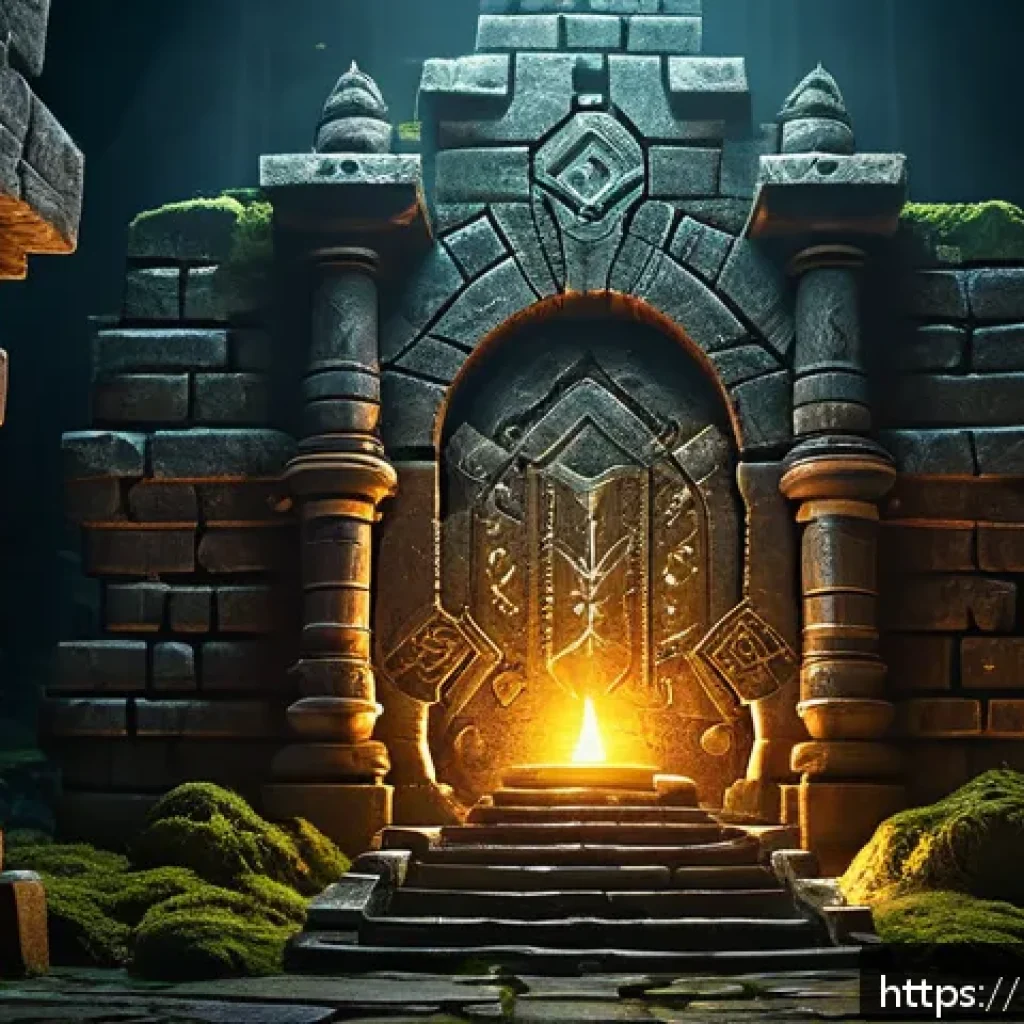 리니지 희귀템 수집법 - A mysterious secret dungeon entrance in a fantasy game setting, surrounded by ancient stone walls co...