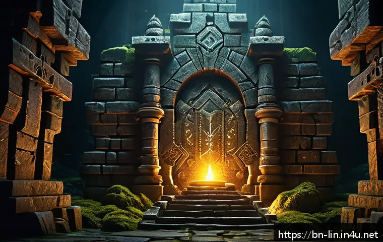 리니지 희귀템 수집법 - A mysterious secret dungeon entrance in a fantasy game setting, surrounded by ancient stone walls co...