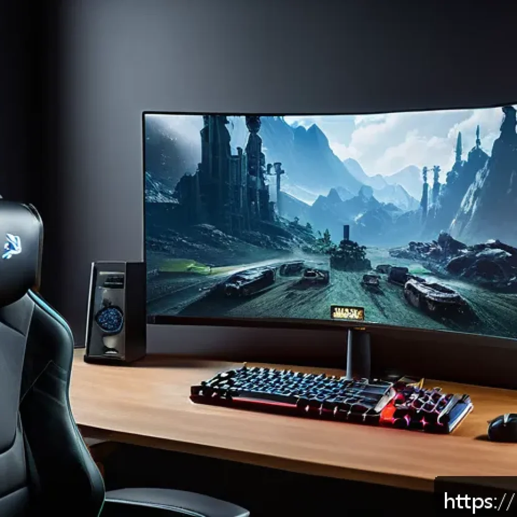 리니지 모바일과 PC 차이 - A detailed scene showing a professional gaming setup for playing Lineage on PC, featuring a large hi...