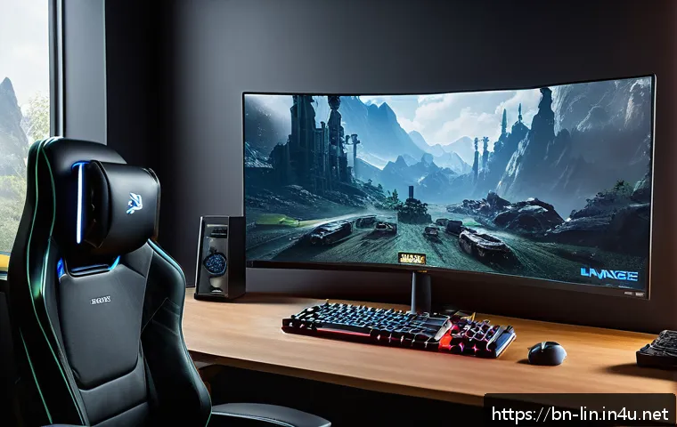리니지 모바일과 PC 차이 - A detailed scene showing a professional gaming setup for playing Lineage on PC, featuring a large hi...