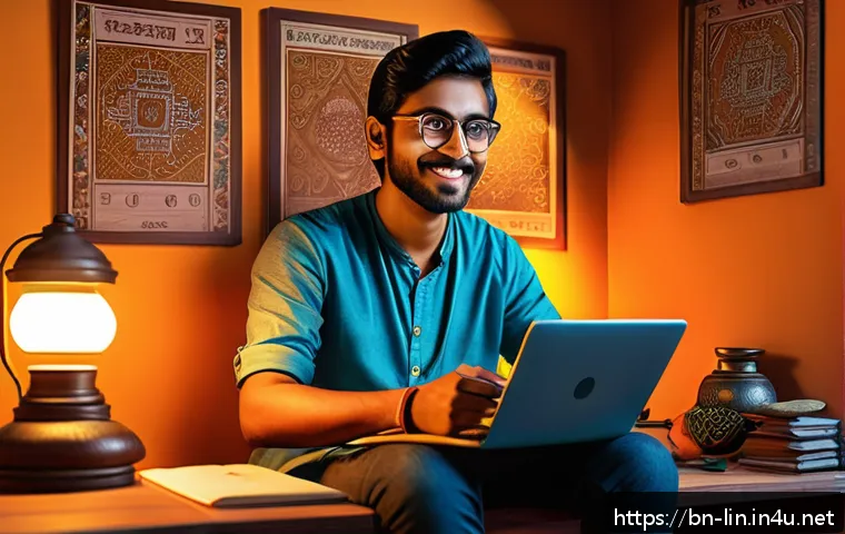 리니지 신규 유저 리워드 - A vibrant digital illustration of a Bengali young gamer sitting at a desk in a cozy room decorated w...