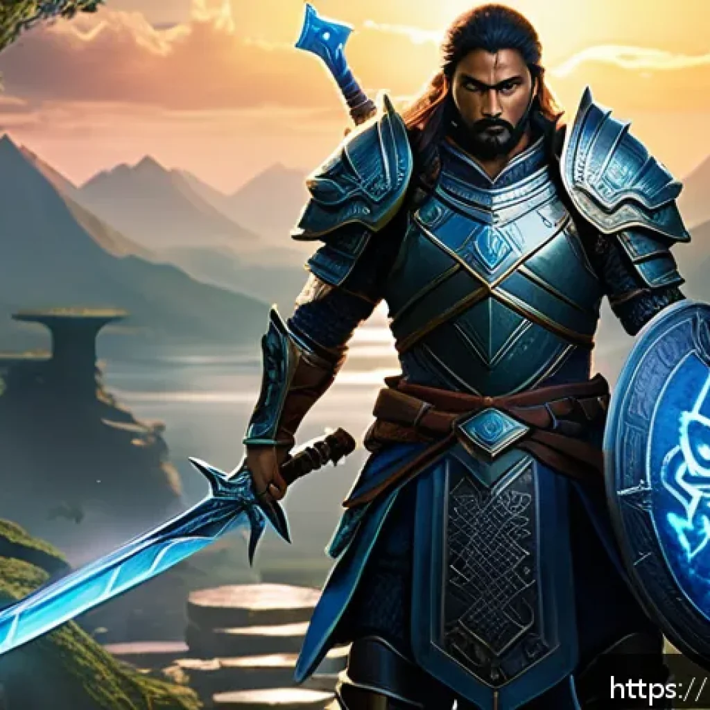 리니지 고급 유저 인터뷰 - A detailed fantasy RPG scene depicting a skilled warrior character from Lineage, wearing intricately...