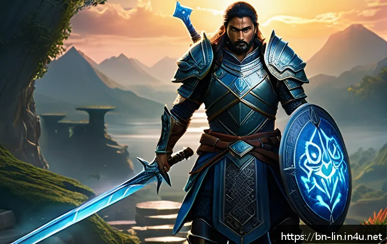 리니지 고급 유저 인터뷰 - A detailed fantasy RPG scene depicting a skilled warrior character from Lineage, wearing intricately...