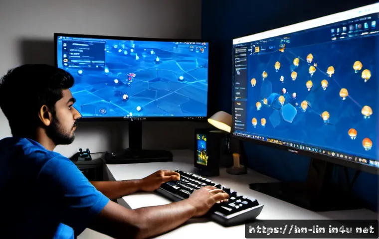 리니지 고급 기술 분석 - Photorealistic gaming analysis scene, focused South Asian gamer seated at a clean desk studying a fa...