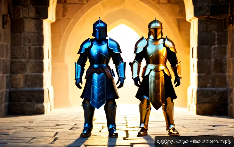 리니지 방어구 세트 효과 - Photorealistic fantasy game armor set comparison, two full-body armored warriors standing side by si...