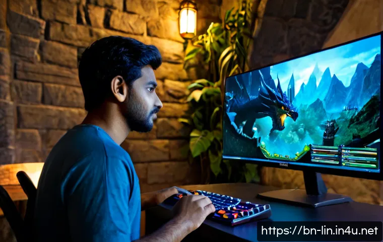 리니지 PvE 전용 서버 분석 - Photorealistic gaming analysis workspace, South Asian male gamer reviewing a fantasy MMORPG PvE sess...