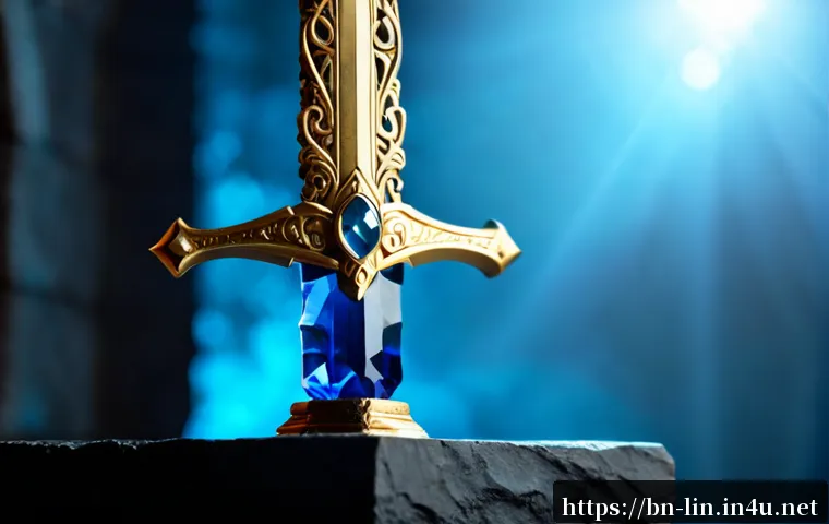 리니지 레전드리 무기 설명 - Photorealistic fantasy game-inspired still life of a legendary enchanted sword displayed on a dark s...