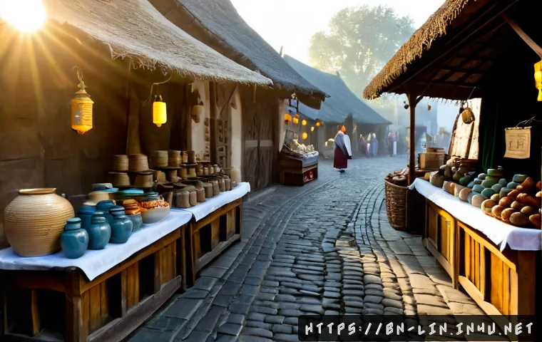 리니지 마을 상인 위치 - Photorealistic medieval fantasy village marketplace at dawn, a friendly merchant standing beside a w...