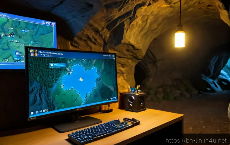 리니지 희귀 몬스터 위치 - Photorealistic fantasy game guide concept, a focused gamer’s desk with a widescreen monitor displayi...