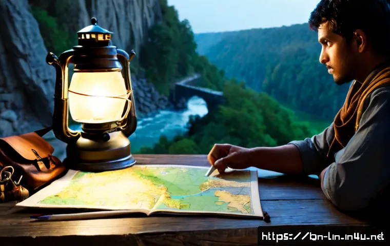 리니지 전략적 사냥터 위치 - Photorealistic fantasy strategy scene, an armored adventurer studying a large hand-drawn terrain map...
